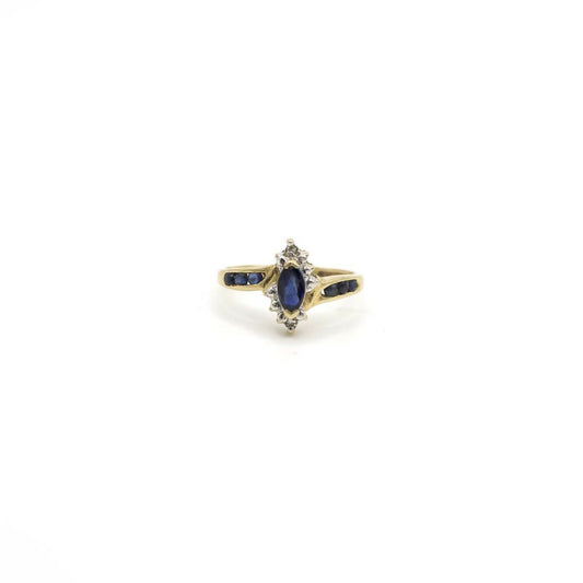 Vintage Genuine Earth Mined Marquise and Round Cut Sapphire and Diamond Pinky Ring In 14K Yellow Gold