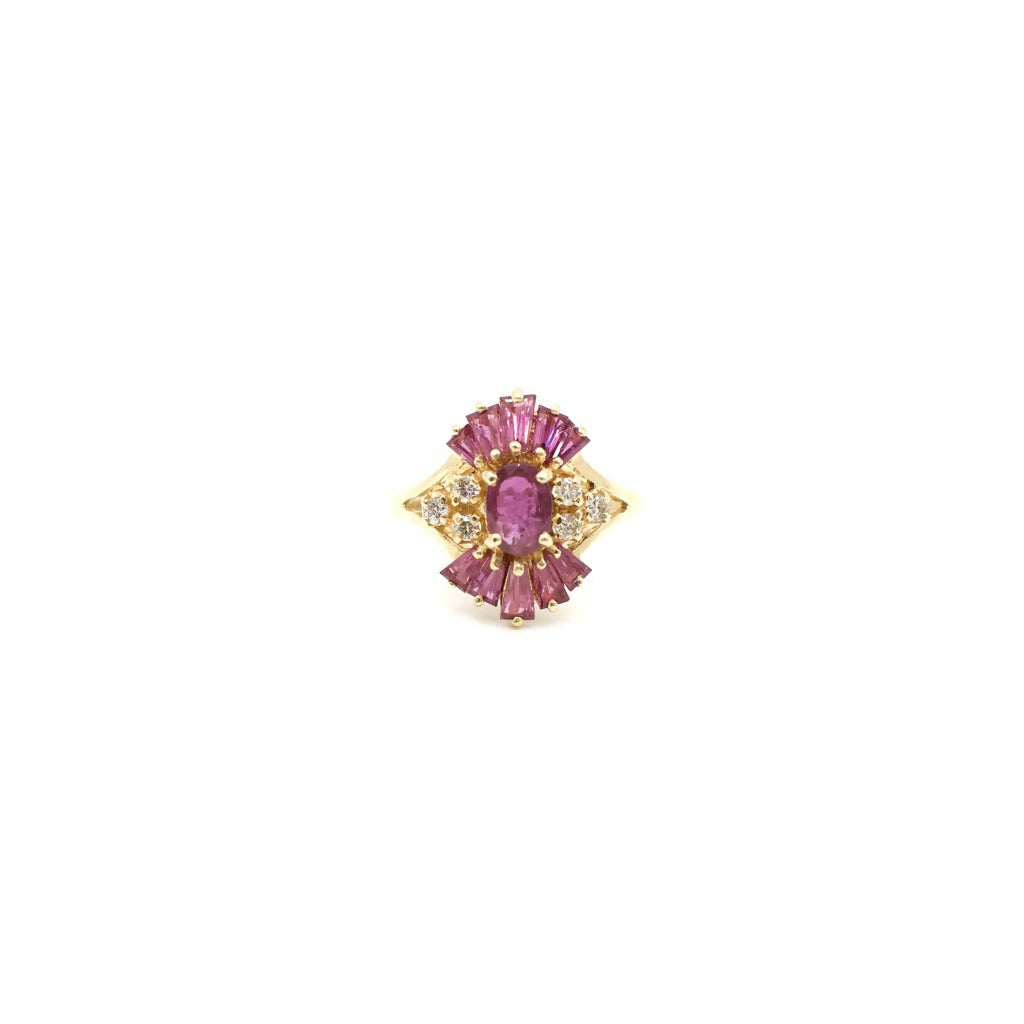 Vintage Diamond and Pink Sapphire Burst Ring In 14K Yellow Gold