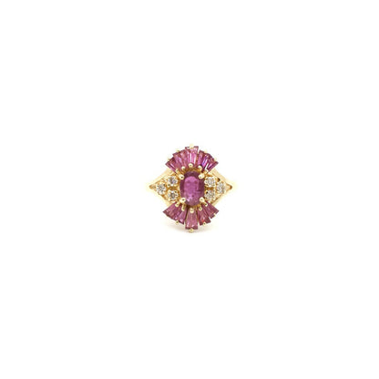 Vintage Diamond and Pink Sapphire Burst Ring In 14K Yellow Gold