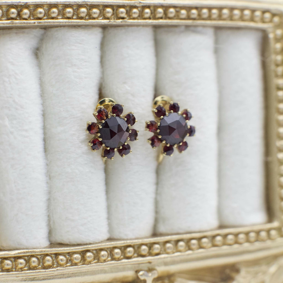 Circa 1930 Vintage "Germany" Signed Garnet Necklace and Earring Set in 10K Solid Yellow Gold