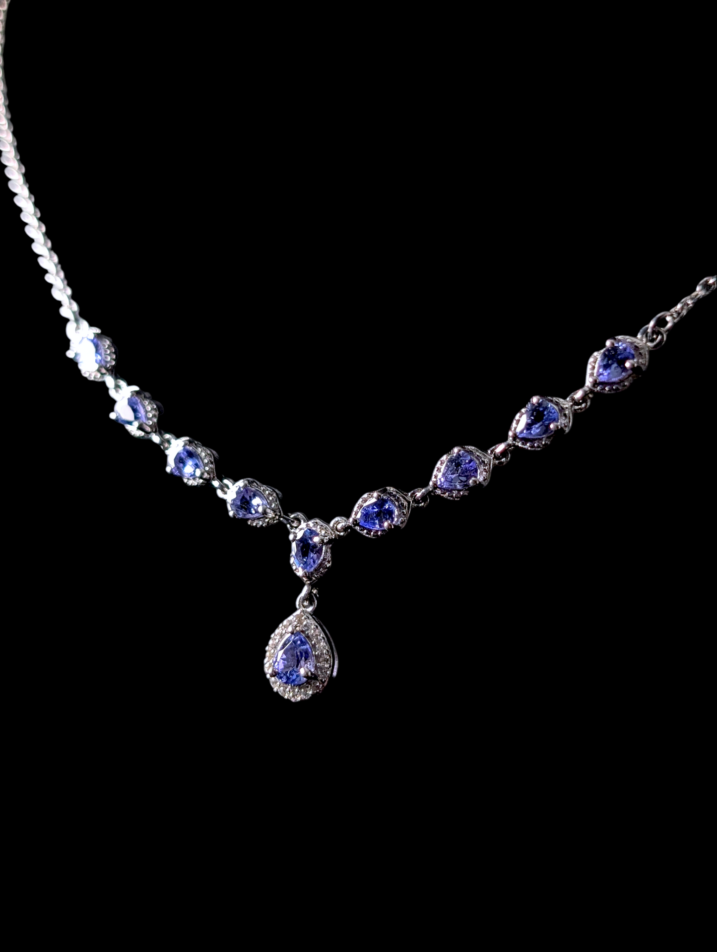 Vintage Inspired Elegant Genuine Tanzanite and White Zircon Sterling Silver Dangle Necklace
