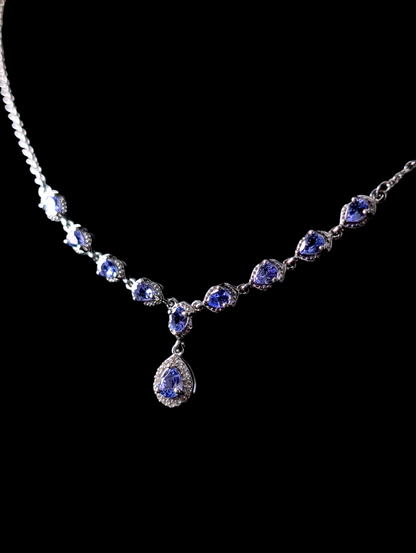 Vintage Inspired Elegant Genuine Tanzanite and White Zircon Sterling Silver Dangle Necklace