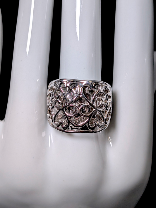 Vintage Unique Pop Out Heart Filigree over Hammered Sterling Silver Statement Ring