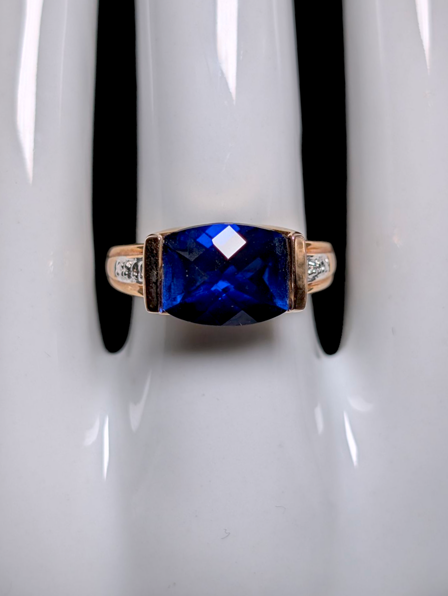 Vintage East West Checkerboard Cut Genuine Royal Blue Sapphire and Diamond Accented 18k Yellow Gold Vermeil Ring