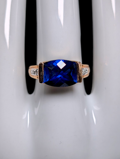 Vintage East West Checkerboard Cut Genuine Royal Blue Sapphire and Diamond Accented 18k Yellow Gold Vermeil Ring