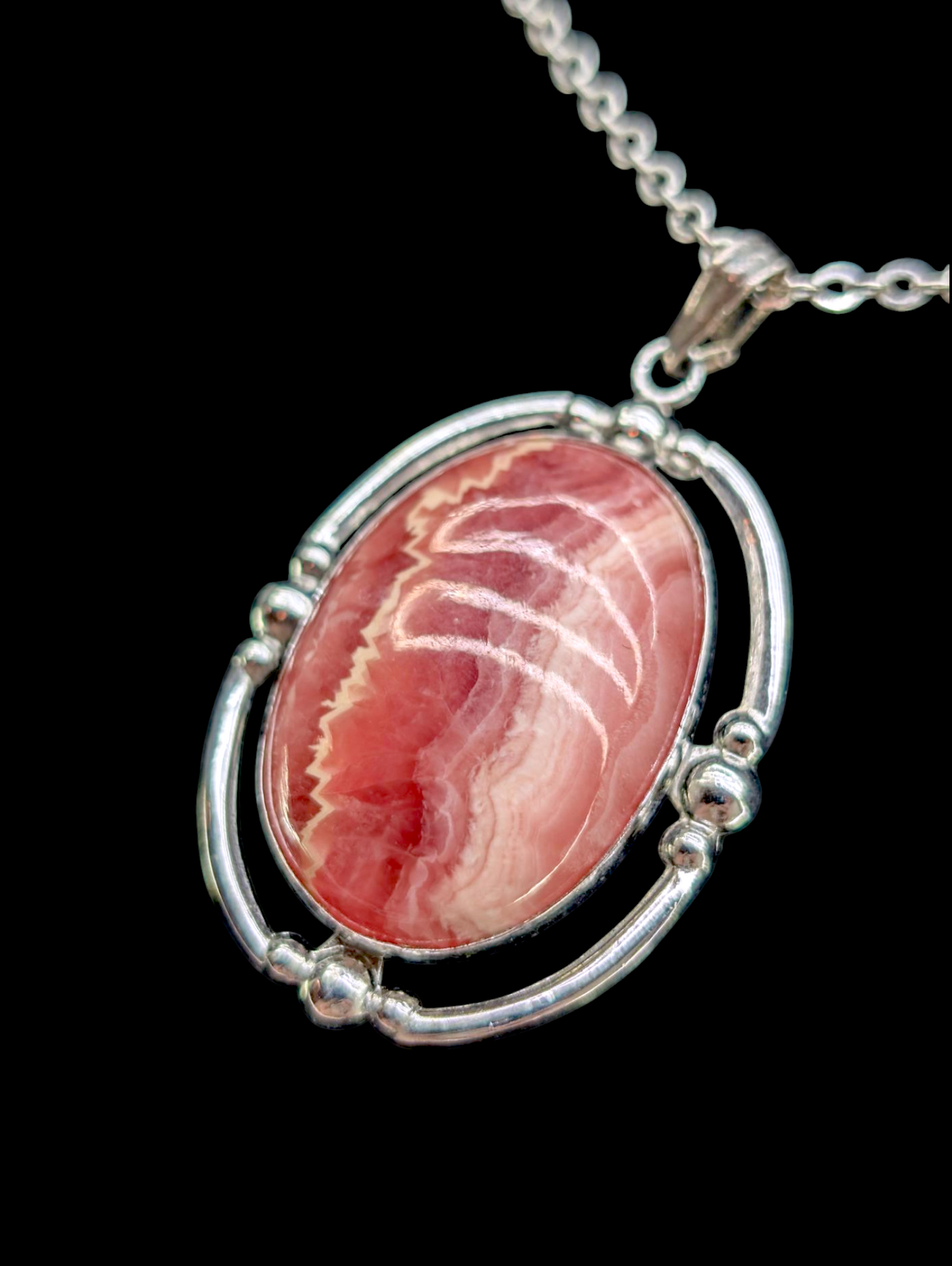 Vintage Genuine Rhodochrosite Sterling Silver Pendant and Necklace Chain