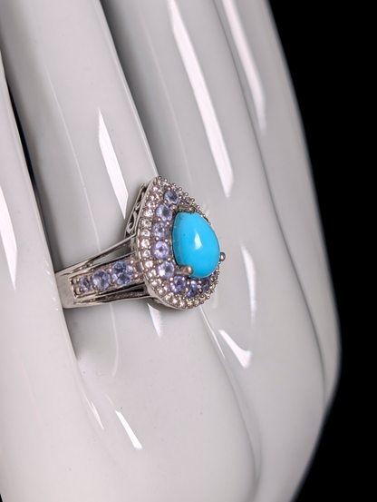 Vintage Inspired Genuine Sleeping Beauty Turquoise with White Topaz and Tanzanite Double Halo Sterling Silver Ring