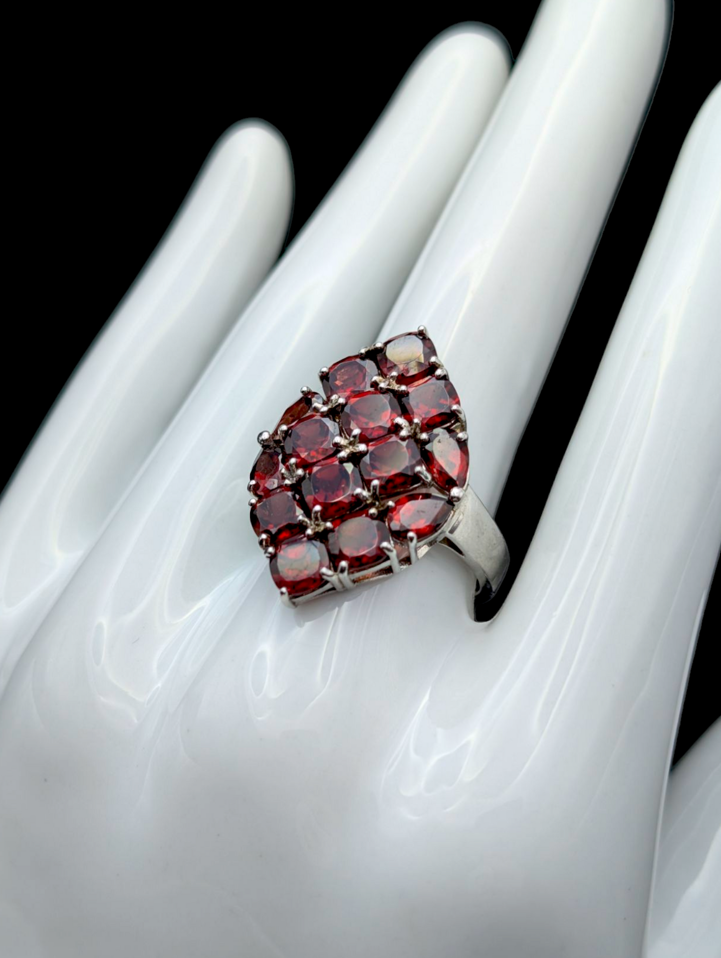 Vintage 9+ Carat Genuine Mozambique Red Garnet Cluster Rhodium over Sterling Silver Ring
