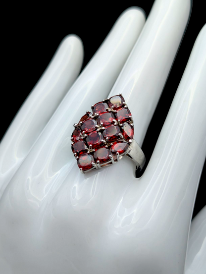 Vintage 9+ Carat Genuine Mozambique Red Garnet Cluster Rhodium over Sterling Silver Ring