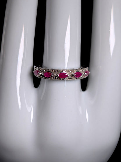 Vintage Marquise Row Genuine Ruby Eternity Band Sterling Silver Ring