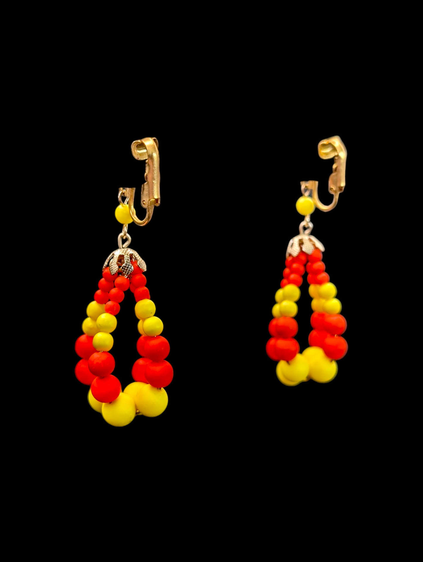 1960s - 1970s Mod Neon Yellow and Orange Beaded Tear Drop Dangle Earrings
