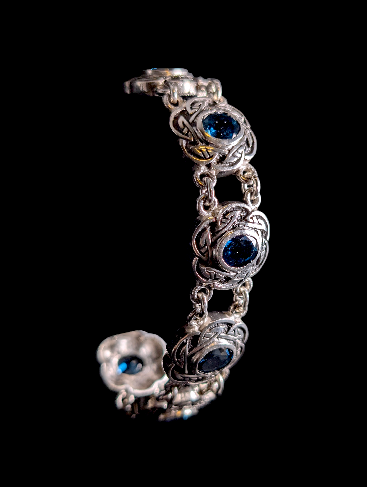 Vintage Rare 3 Piece Designer Shube Dakota West Genuine London Blue Topaz Oxidized 105g Sterling Silver Necklace, Bracelet, and Earrings Set