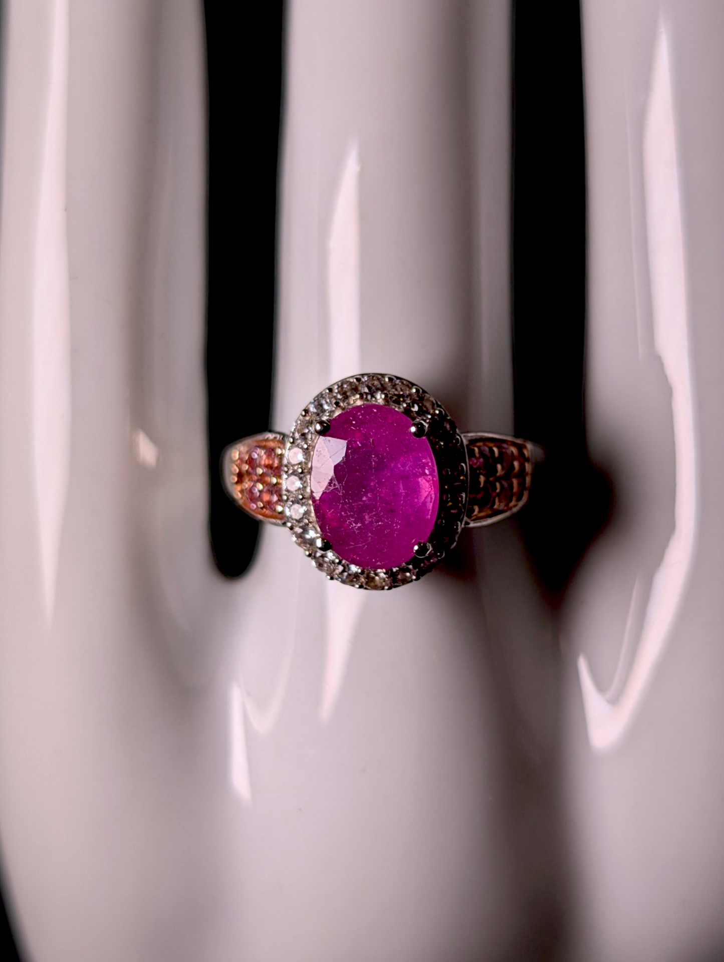 Vintage Oval Cut Earth Mined Genuine Ruby, Pink Sapphire and White Topaz Halo Sterling Silver Statement Ring