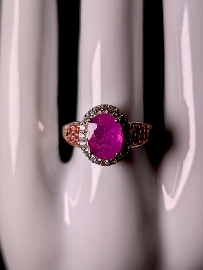 Vintage Oval Cut Earth Mined Genuine Ruby, Pink Sapphire and White Topaz Halo Sterling Silver Statement Ring