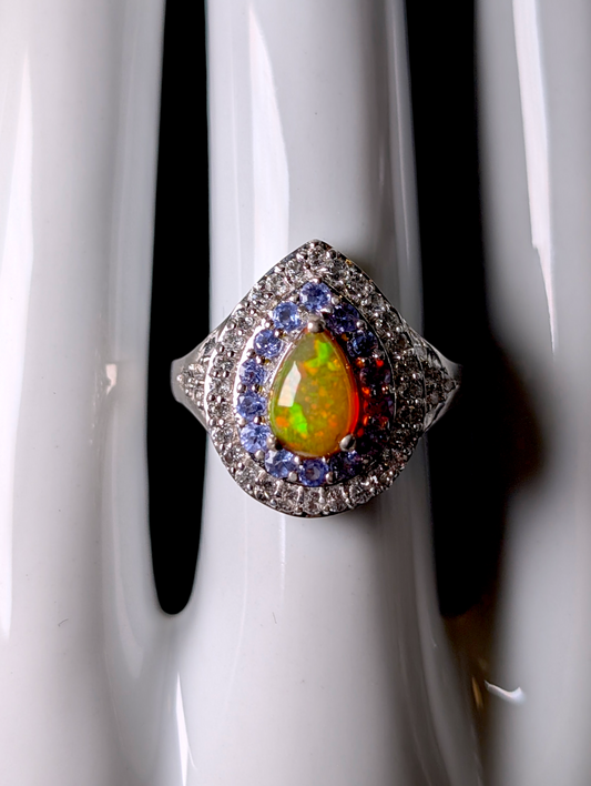 Vintage Inspired Genuine Fire Opal, Tanzanite, and White Zircon Double Halo Sterling Silver Ring