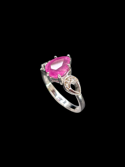 Vintage Pear Cut Faceted Genuine Pink Sapphire and White Topaz Sterling Silver Ring