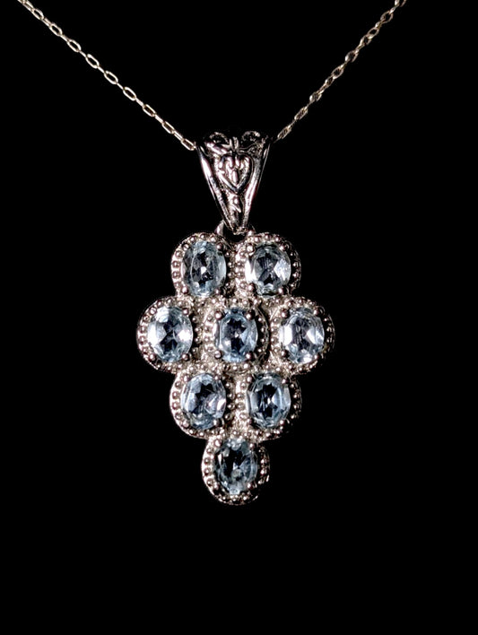Vintage Oval Cut Genuine Sky Blue Topaz Stainless Steel Cluster Pendant