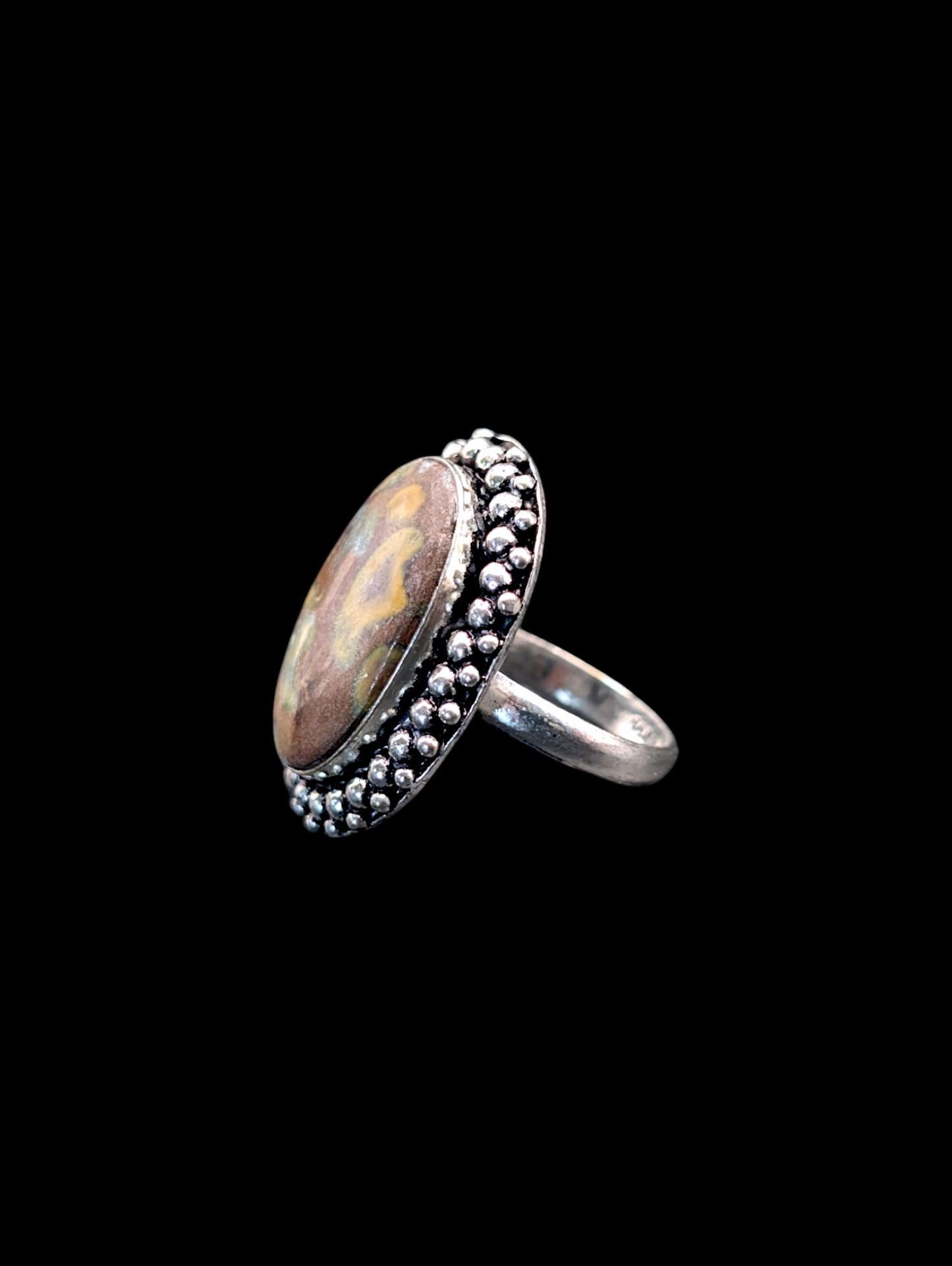 Vintage Spotted Fruit Jasper Oval Studded Artisan Boho Silver Ring