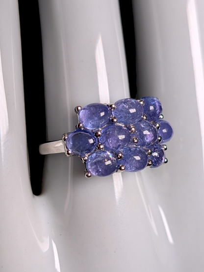 Vintage Cluster Jelly Cabochon Cut Earth Mined Genuine Tanzanite Sterling Silver Statement Ring