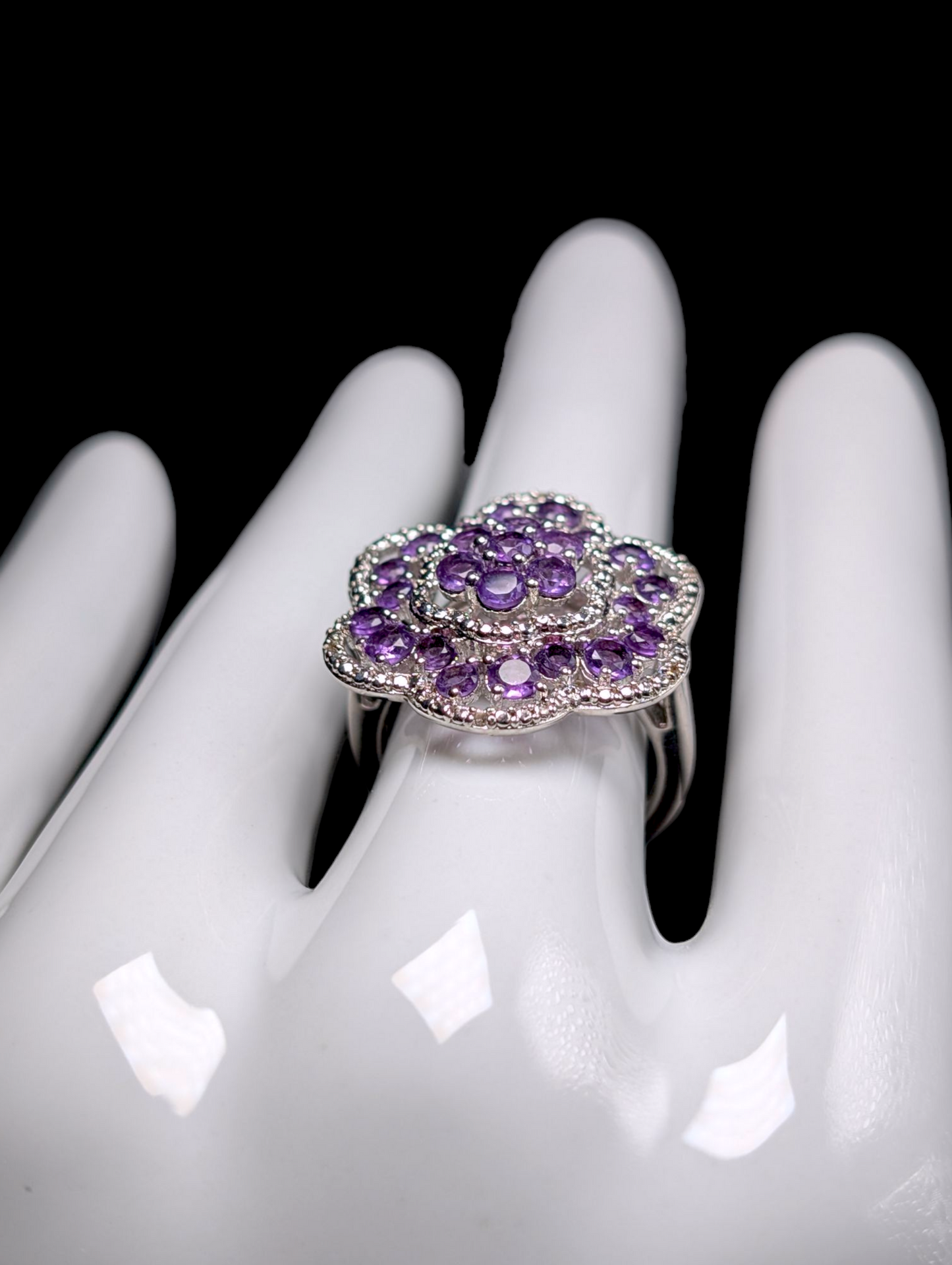 Vintage Flower Cluster Genuine African Amethyst with White Topaz Accent Stones Sterling Silver Ring