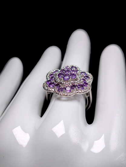 Vintage Flower Cluster Genuine African Amethyst with White Topaz Accent Stones Sterling Silver Ring