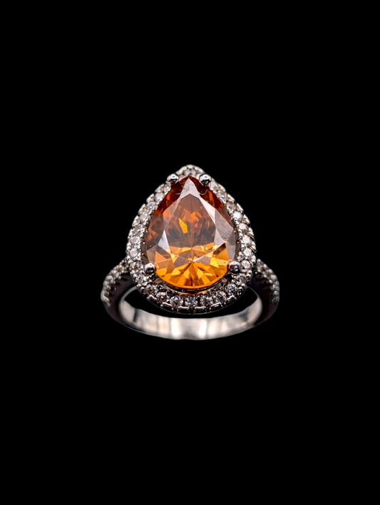 Vintage Pear Cut Simulated Citrine with Simulated Diamond Halo Silver Toned Costume Ring