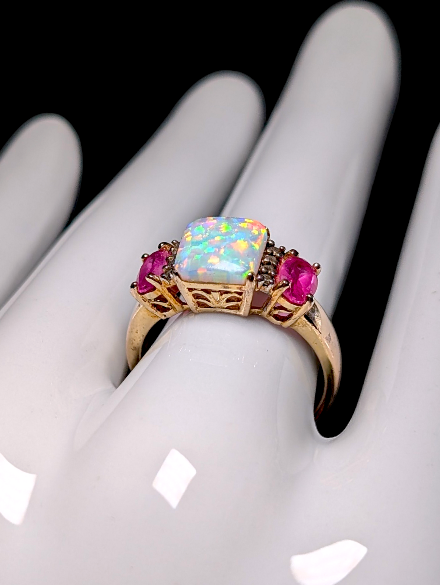 Vintage Princess Cabochon Cut Genuine Opal Solitaire with Oval Cut Pink Ruby Sapphire Accents 18kt Yellow Gold over Sterling Silver Ring