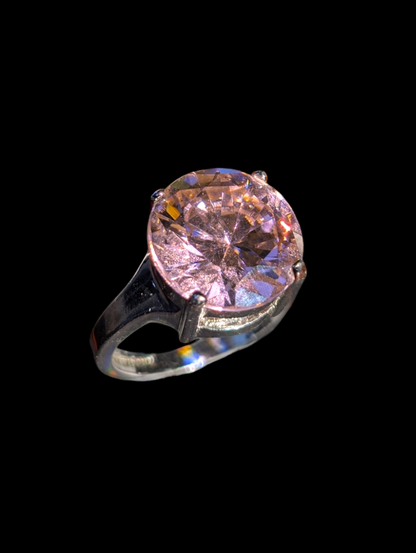 Vintage Simulated Pink Sapphire Solitaire Costume Silver Toned Statement Ring