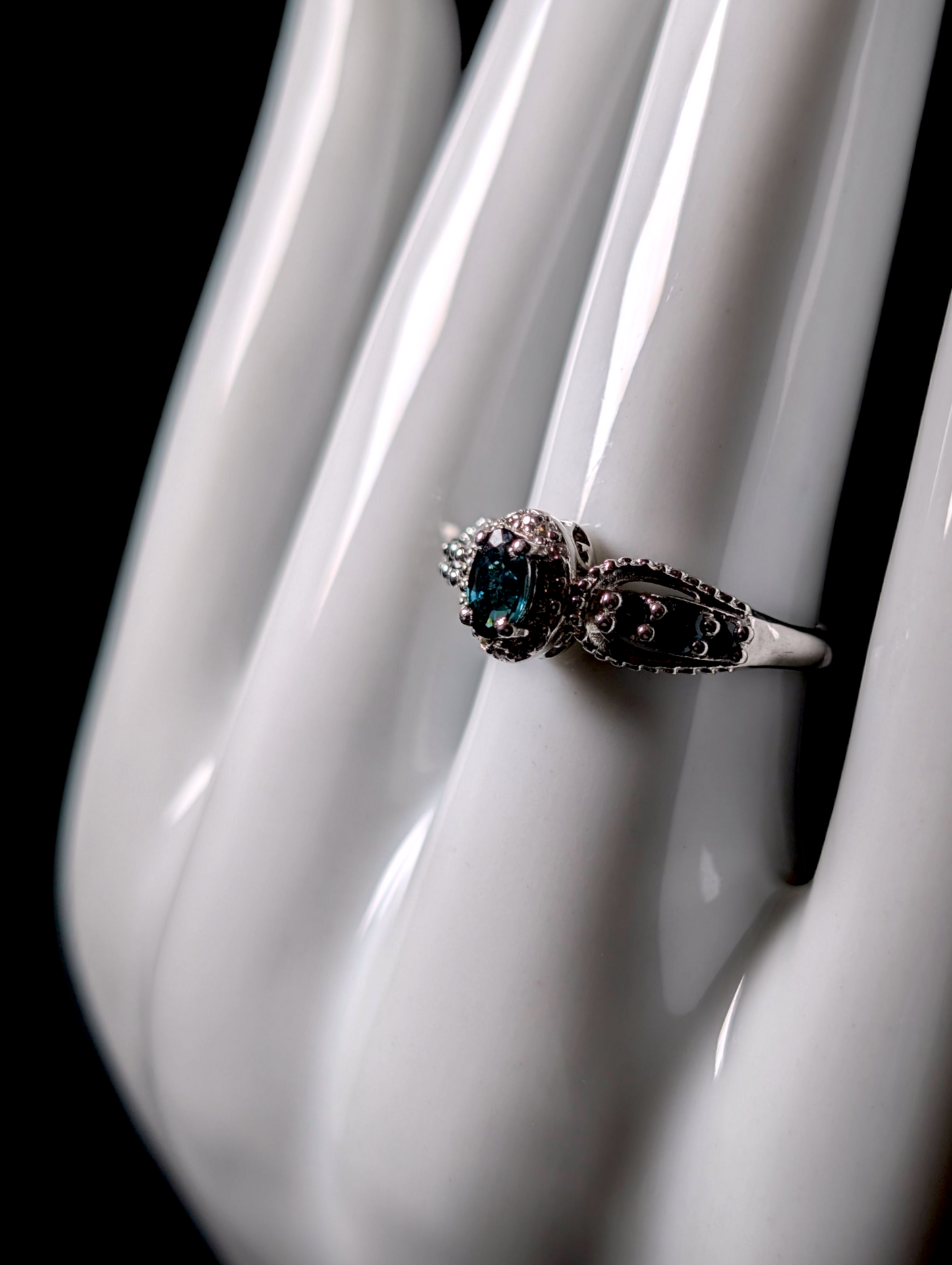 Vintage Dainty Oval Cut Genuine Blue Indicolite Tourmaline Solitaire with White Topaz Halo Sterling Silver Ring