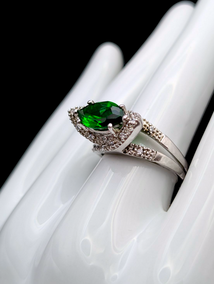 Vintage Marquise Cut Simulated Emerald Solitaire and Simulated Diamond Halo Accent Silver Toned Statement Ring