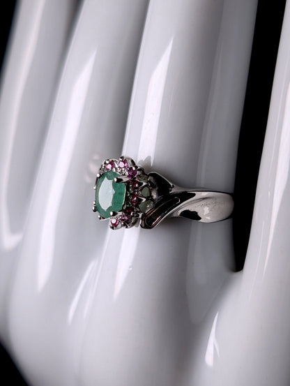 Vintage Genuine Emerald Solitaire with Pink Tourmaline Starburst Halo Sterling Silver Ring