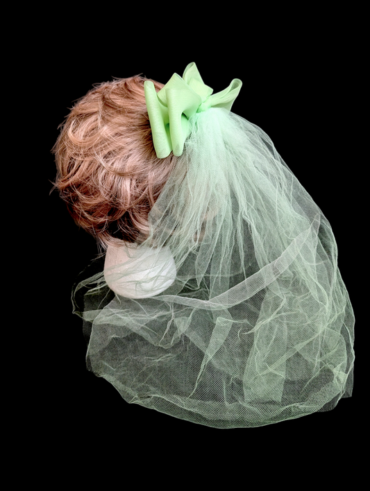1950s - 1960s "Buttercup" Mint Green Bow Comb Clip Headpiece with Veil