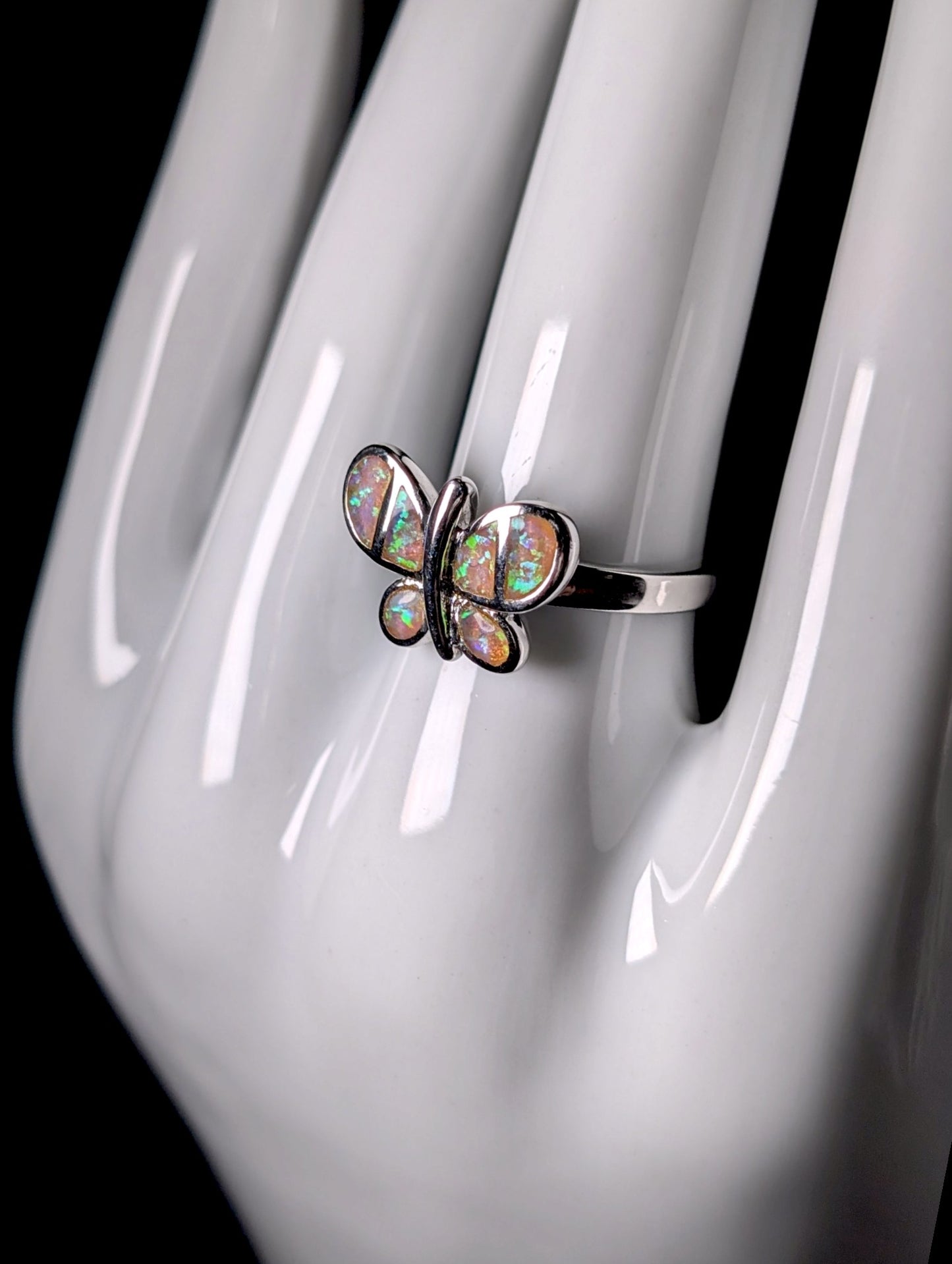 Vintage Genuine Opal Inlay Butterfly White Gold over Sterling Ring