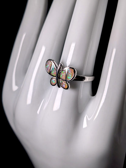 Vintage Genuine Opal Inlay Butterfly White Gold over Sterling Ring