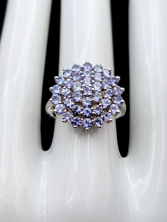 Vintage Round Cluster Earth Mined Genuine Tanzanite Rhodium over Sterling Silver Ring