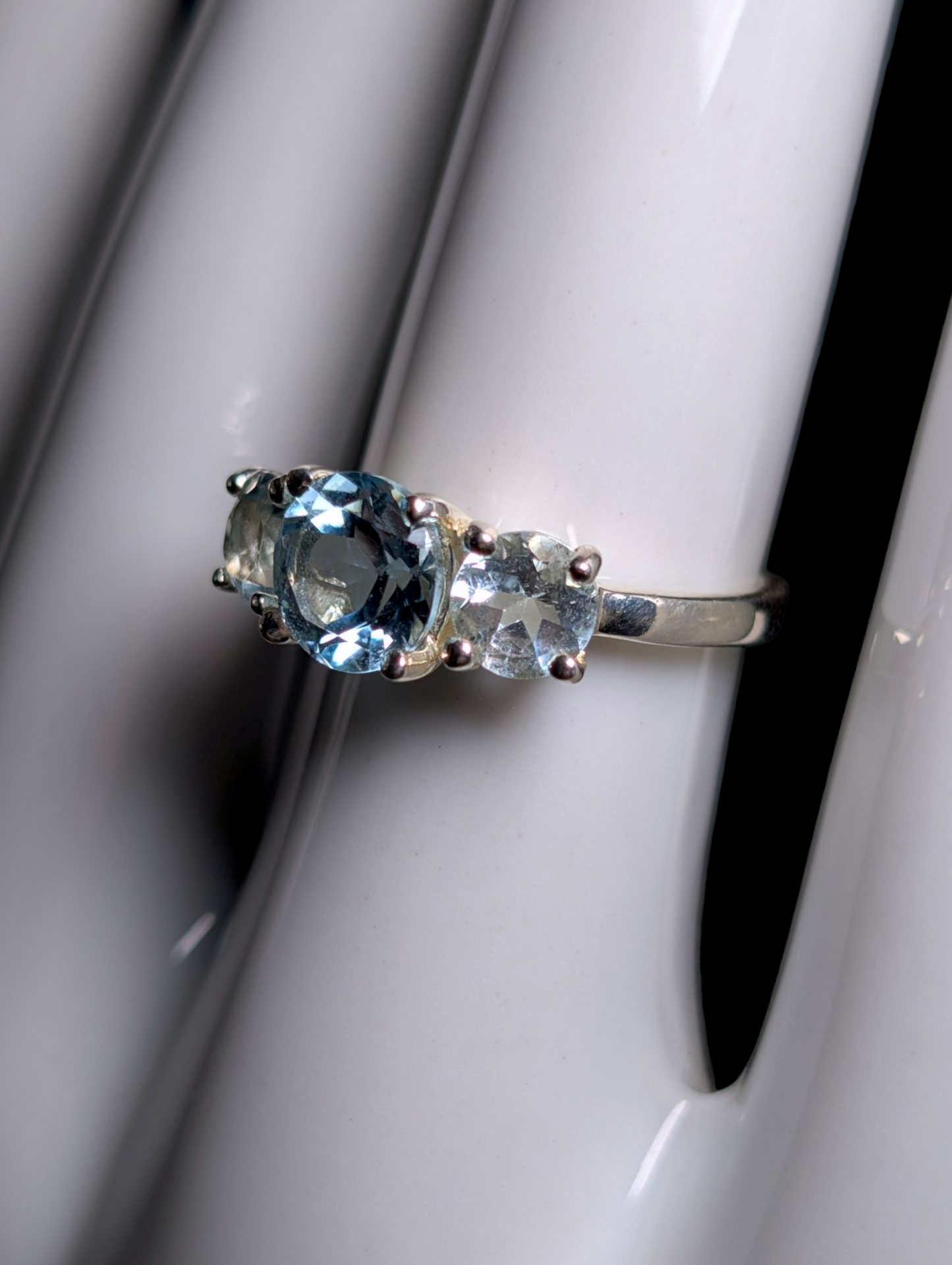 Vintage Round Cut Three Stone Genuine Swiss and Sky Blue Topaz Sterling Silver Ring