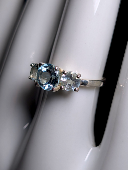 Vintage Round Cut Three Stone Genuine Swiss and Sky Blue Topaz Sterling Silver Ring