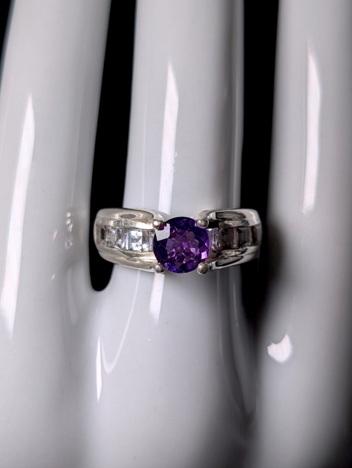 Vintage Floating Round Cut Genuine Purple Amethyst and White Topaz Sterling Ring