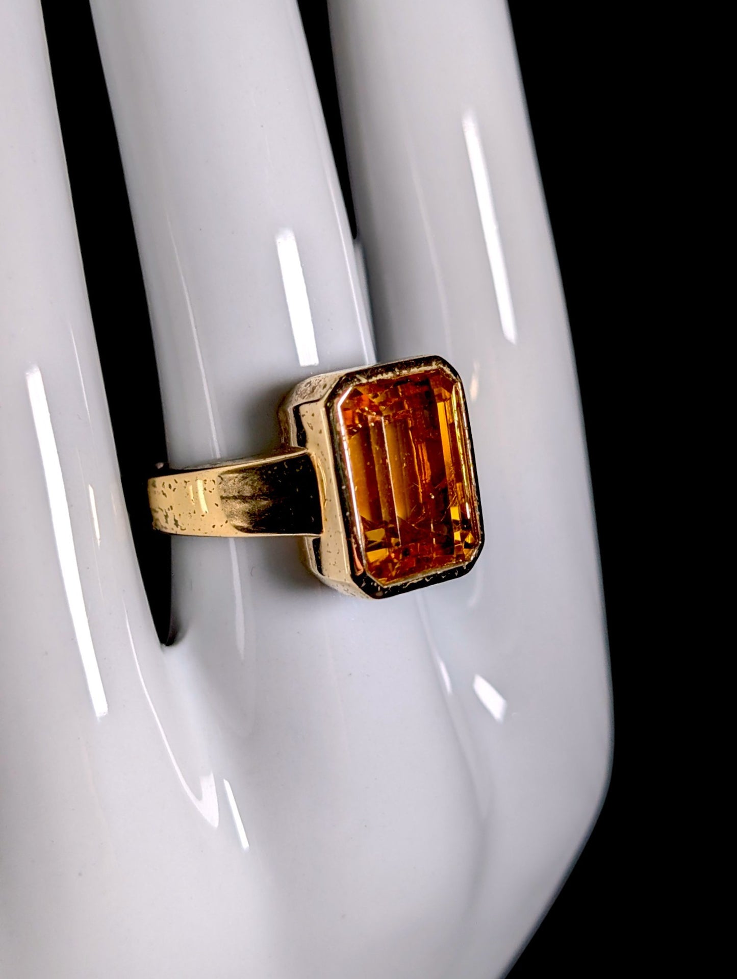 Vintage Emerald Cut Genuine Citrine Solitaire Rustic Gold over Sterling Bezel Ring