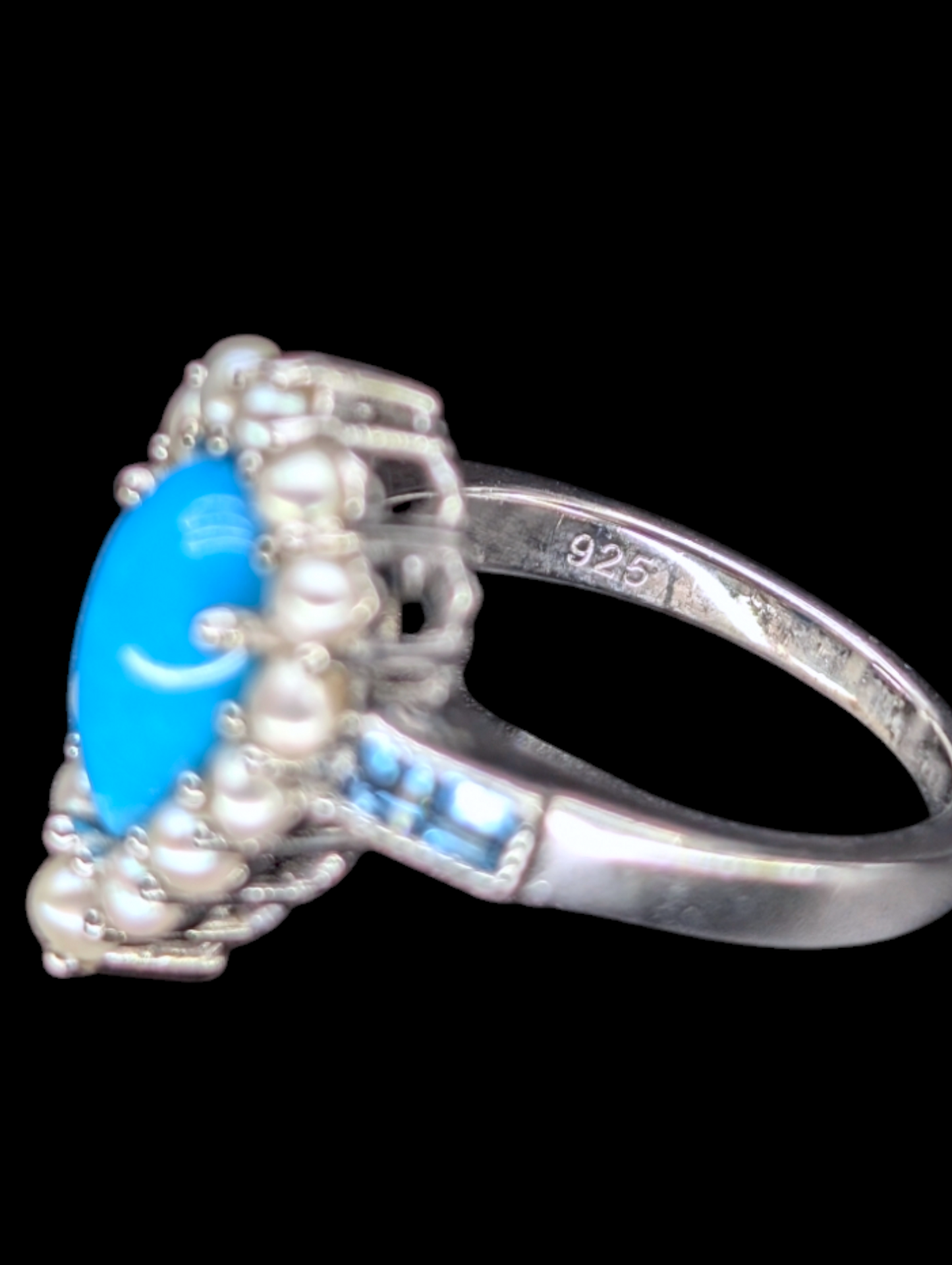 Vintage Pear Cut Genuine Sleeping Beauty Turquoise, Sky Blue Topaz and Cultured Pearl Halo Sterling Silver Ring