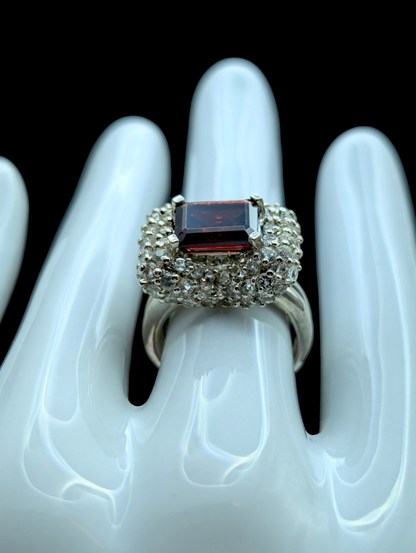 Vintage Bow Genuine Garnet Emerald East West Cut and White Topaz Cluster Sterling Silver Statement Cocktail Ring