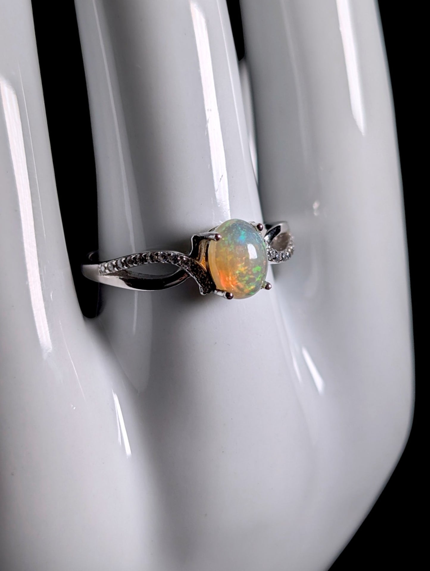 Vintage Genuine Opal Solitaire Crossover Sterling Ring