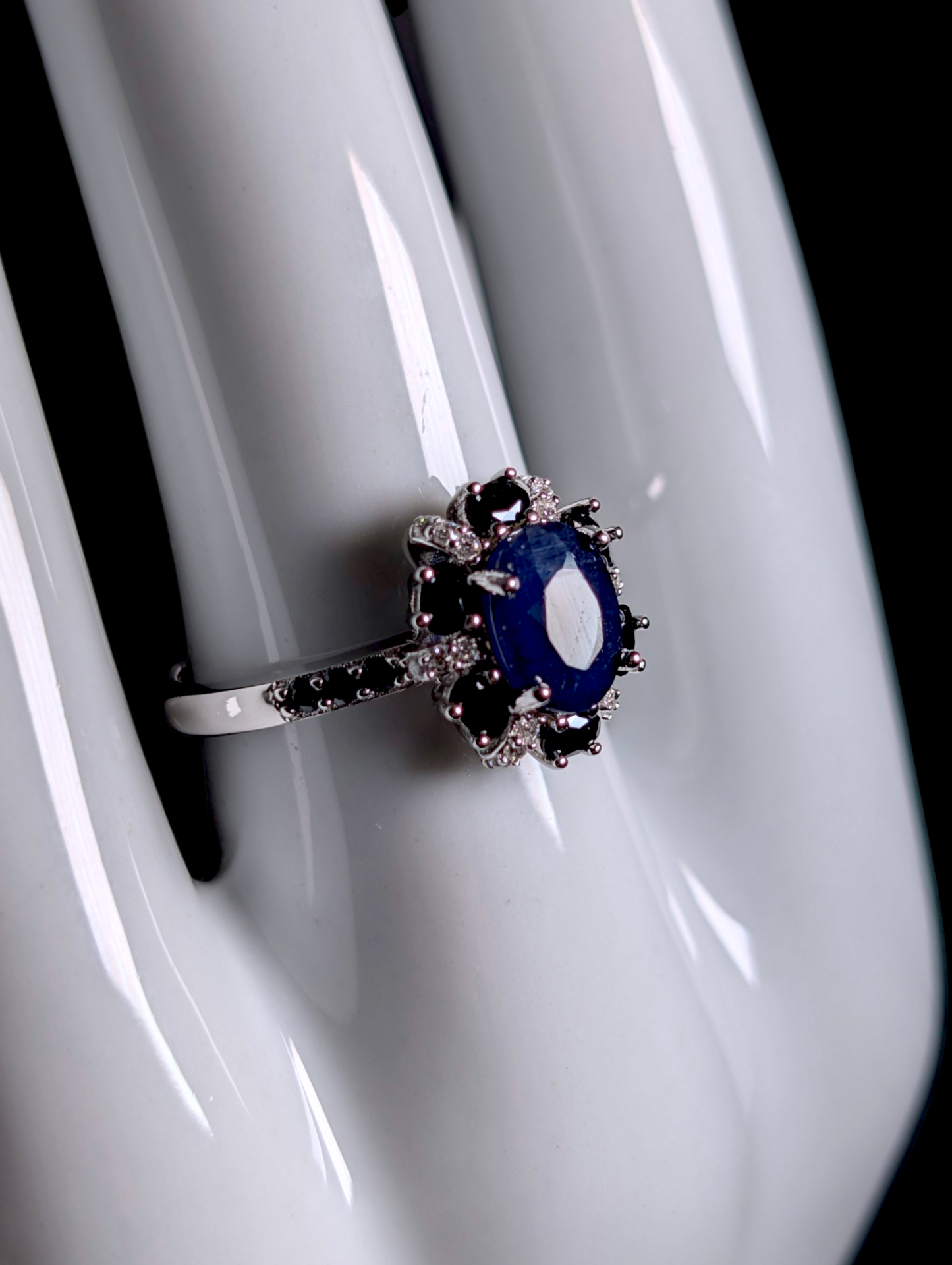 Vintage Earth Mined Oval Cut Genuine Sapphire Solitaire with Simulated Diamond Accents Sterling Silver Ring