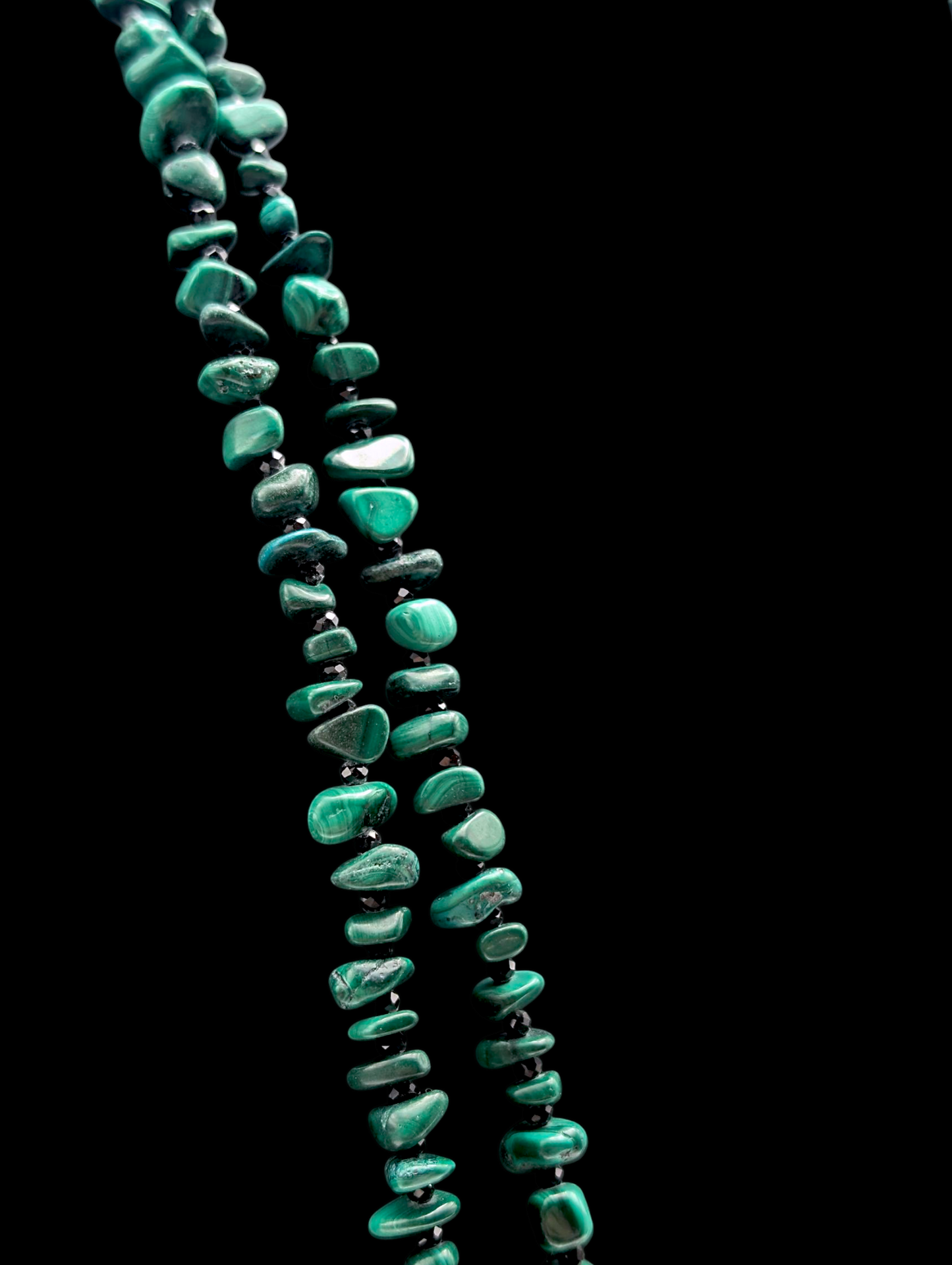 Vintage Genuine Malachite and Black Onyx Gemstone Extra Long Sterling Silver Necklace