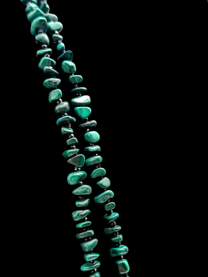 Vintage Genuine Malachite and Black Onyx Gemstone Extra Long Sterling Silver Necklace