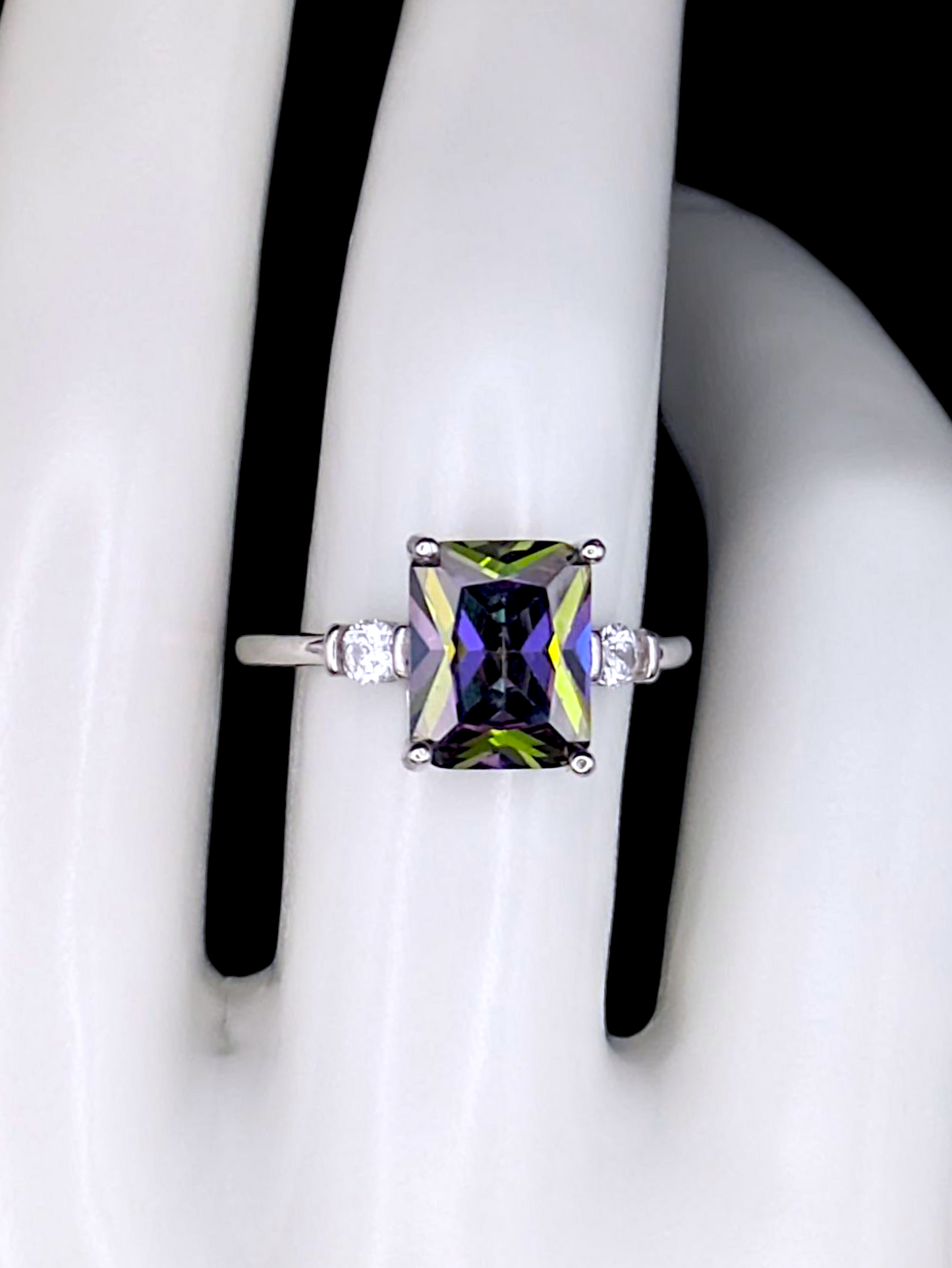 Vintage Inspired Emerald Cut Simulated Mystic Topaz Solitaire Sterling Silver Ring