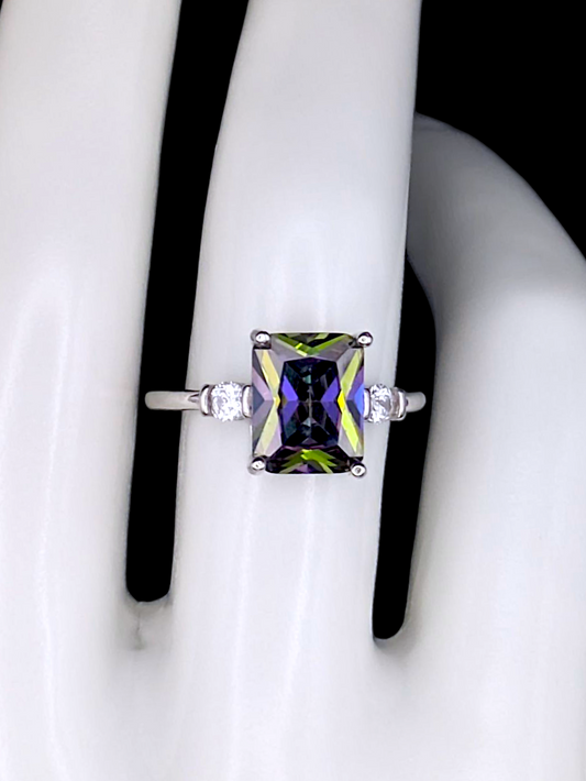 Vintage Inspired Emerald Cut Simulated Mystic Topaz Solitaire Sterling Silver Ring