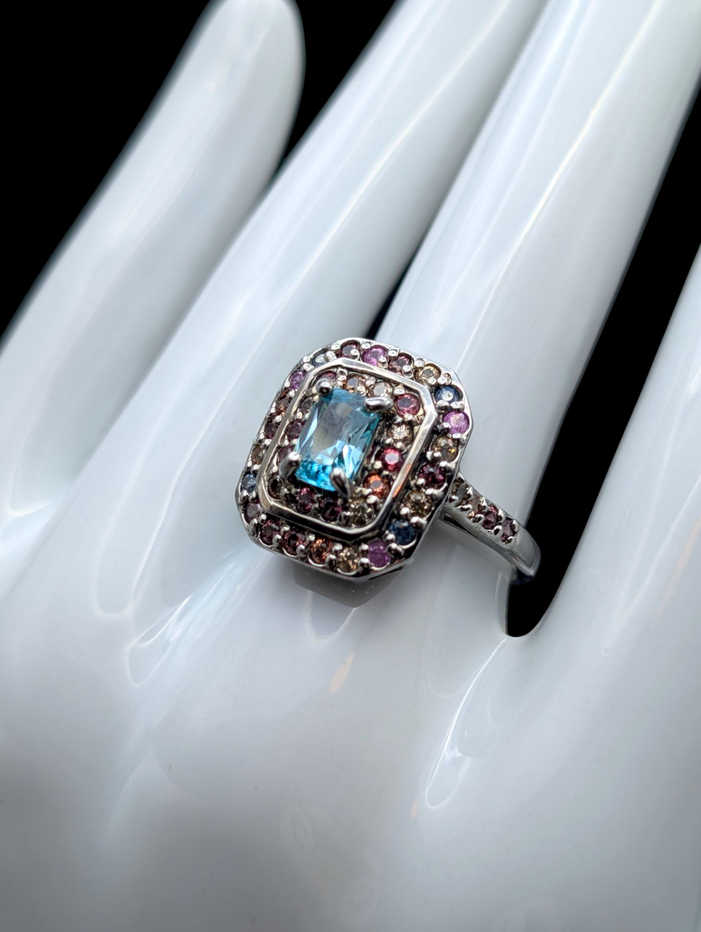 Vintage Radiant Cut Genuine Cambodian Blue Zircon and Fancy Sapphire Double Halo Sterling Silver Ring