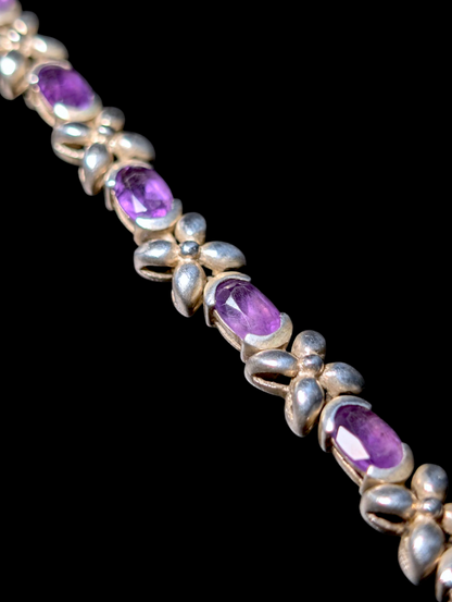 Vintage Oval Cut Genuine Amethyst Sterling Silver Butterfly Tennis Bracelet