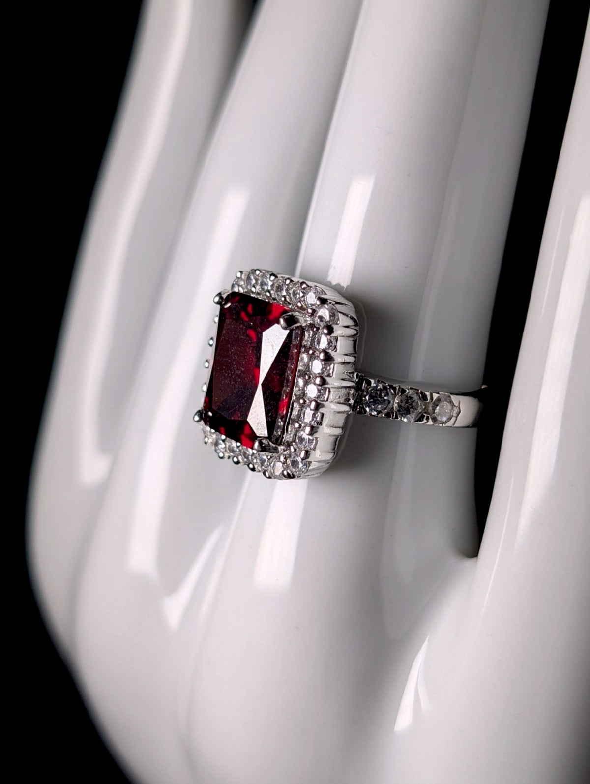 Vintage Inspired Emerald Cut Simulated Garnet Solitaire and Diamond Halo Sterling Silver Ring